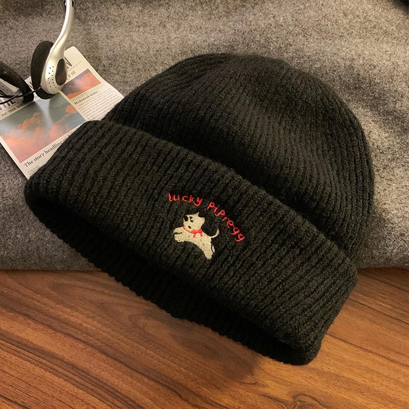 Cute puppy embroidery knitted autumn and winter warm face new autumn and winter ear protection wool hat versatile cold hat hat