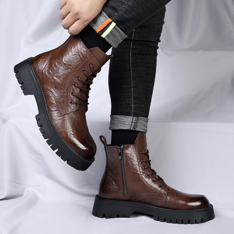 Новые мужские повседневные ботинки из коровьей кожи коричневого цвета с круглым носком в британском стиле на платформе с толстой подошвой, противоскользящие, удобные для ношения