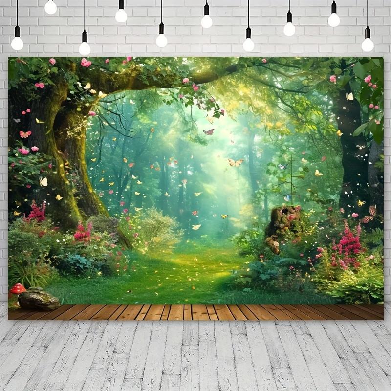 Magic Forest Polyester Photography Background, Fairy Tale Wonderland Mushroom Flower Butterfly Background, Party Decoration