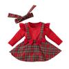 Красный комбинезон с длинными рукавами для маленьких девочек 0-2 лет, клетчатая юбка, повязка на голову, одежда