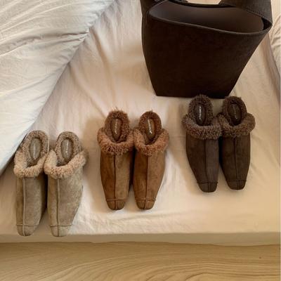 2025 осень и зима новая квадратная голова толстая подошва верхняя одежда полу-шлепанцы волосатые ленивые женские теплые модные туфли