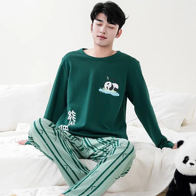 Милый пижамный комплект с рисунком панды для мужчин, хлопковый осенний комплект с длинными рукавами и круглым вырезом, ночная рубашка для осени и весны, домашняя одежда для мужчин