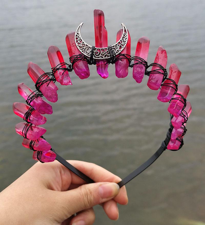 Natural Crystal Electroplating Frosted Crystal Witch Halloween Moon Crown Headband KTY