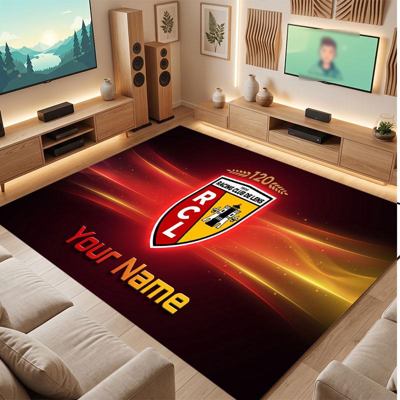 racing club de lens Custom Crystal Velvet Rug, Personalized Name Text Print, Football Logo Soft Non‑Slip Floor Mat Home Decor Gift