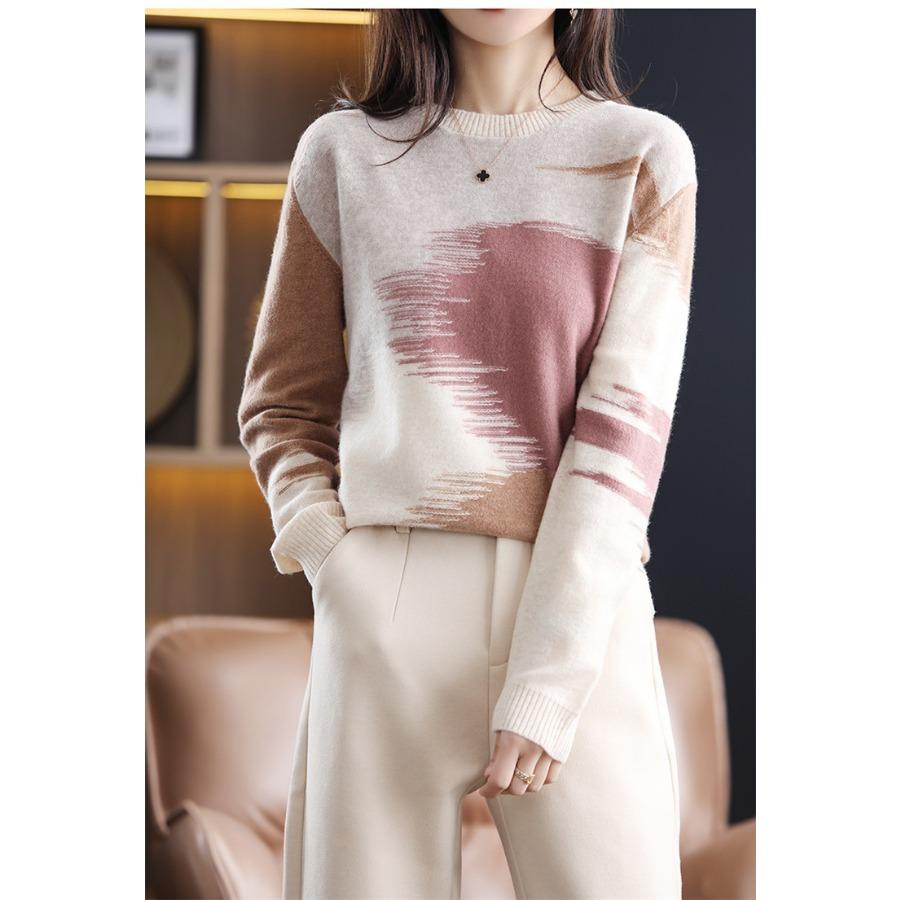 Круглый вырез контрастные свитера женские корейские свободный крой повседневный универсальный вязаный свитер модный пуловер топ