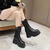 Модные женские полусапоги до середины икры Осень Зима Новые на платформе танкетке Короткие ботинки Обувь для женщин Универсальные женские Массивные мотоциклетные боты