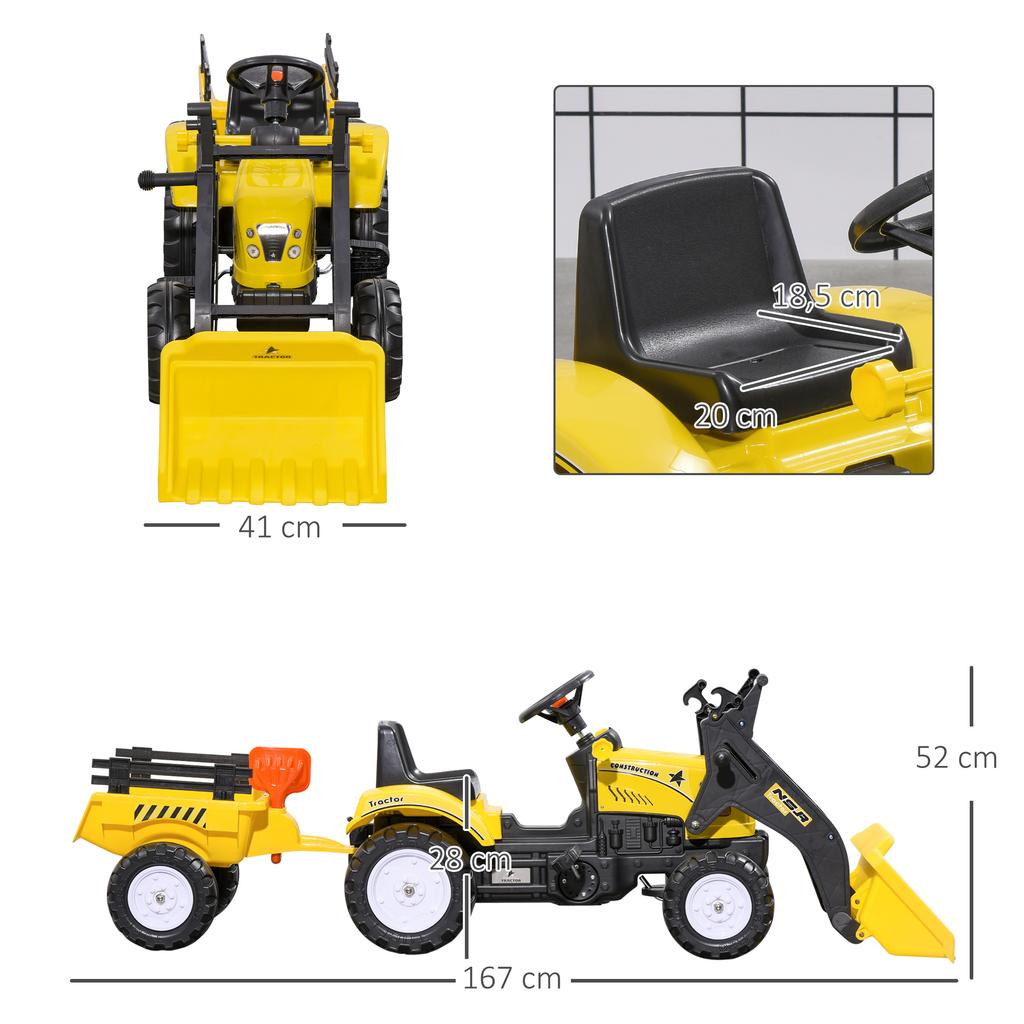 Pedal Backhoe Tractor with Trailer, Shovel and Rake, for Ages 3+, Yellow and Black