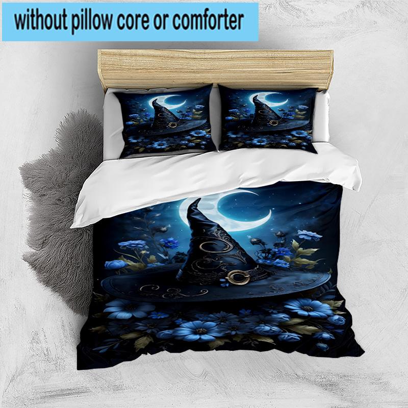 Witch's Hat And Crescent Moon 3pcs Bedding,Including 1pc Duvet Cover And 2pcs Pillowcases Perfect for Christmas,Ideal for Bedroom, Dormitory