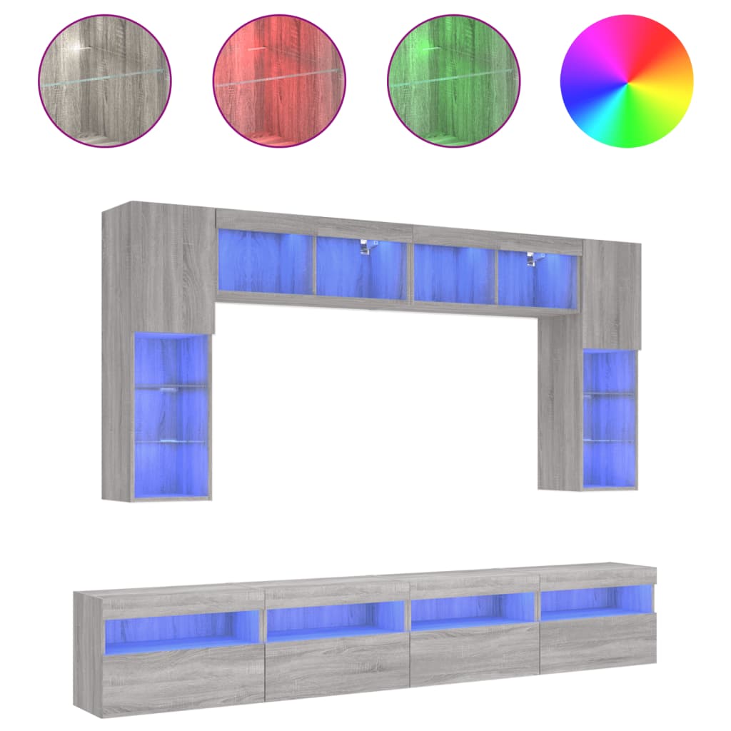 8 piece TV wall unit with LED lights Grey Sonoma