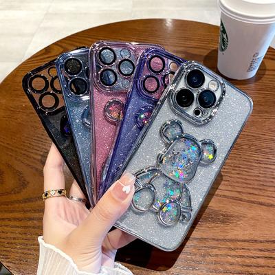 Подходит для iPhone16 Блестящий чехол для телефона, Медведь-насильник с перетекающим песком, Apple 15ProMax Гальванизированный Защитный чехол с полной крышкой 14