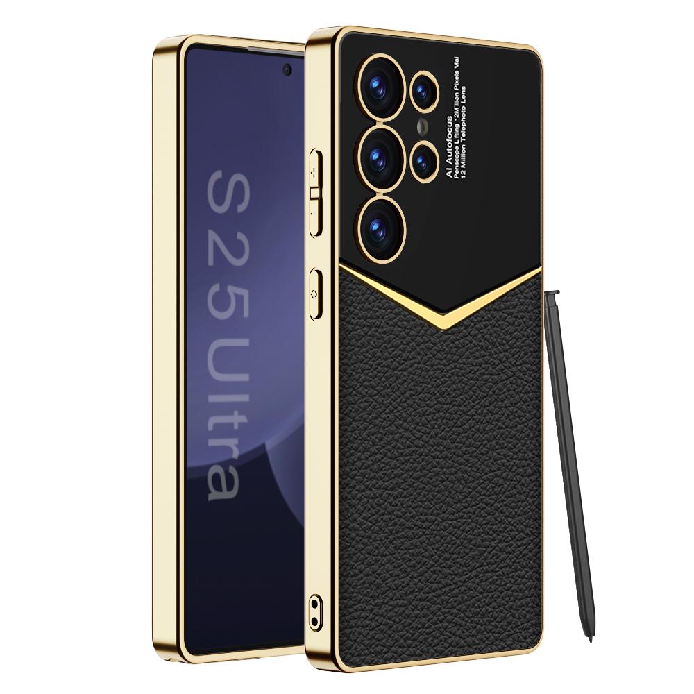 Роскошный кожаный чехол с позолоченной рамкой для телефона Samsung Galaxy S23 S24 S25 Ultra Soft Edge S25Ultra S24Ultra Protection Cover