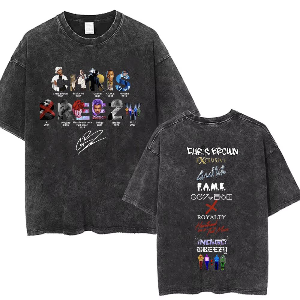 Washed Chris Brown Music Album Cover Print Tshirt Breezy Bowl XX Tour Merch T Shirts Men Women Hip Hop High Quality Tshirt