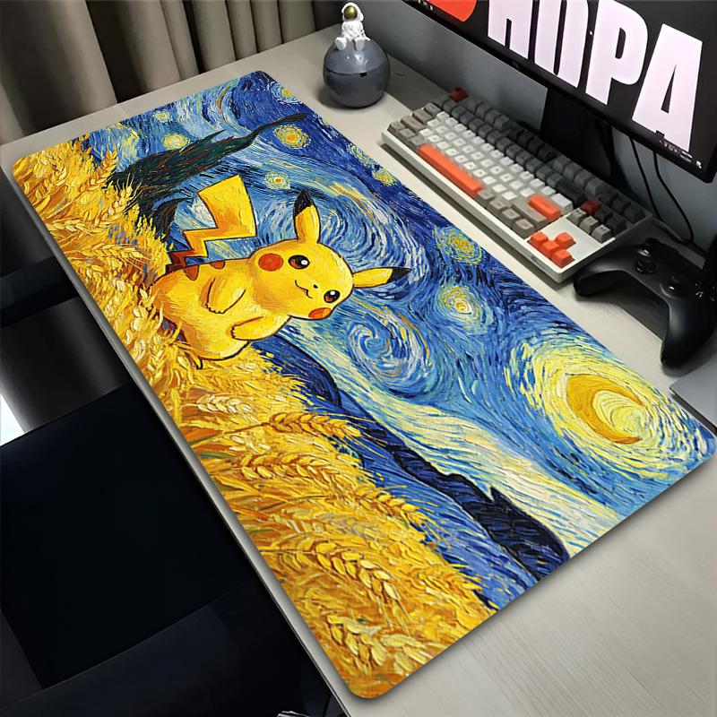 kawaii Mouse Pads Pokemon Large Extended Non Slip Gamer Desk Mat Pikachu Starry Night oil painting Antislip Gaming Mouse Pads