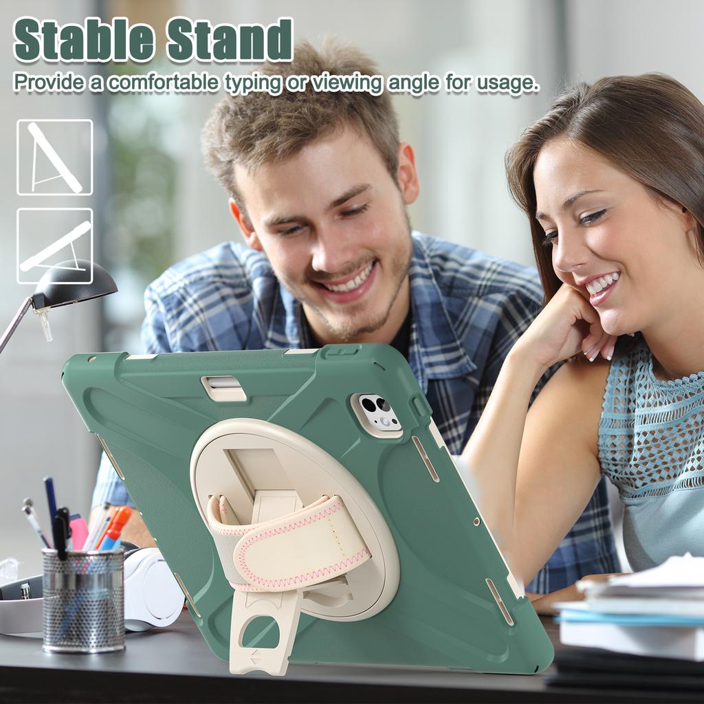 For iPad Pro 11 (2025)/11 (2024) Case Rotary Kickstand PC+Silicone Hand Strap Tablet Cover