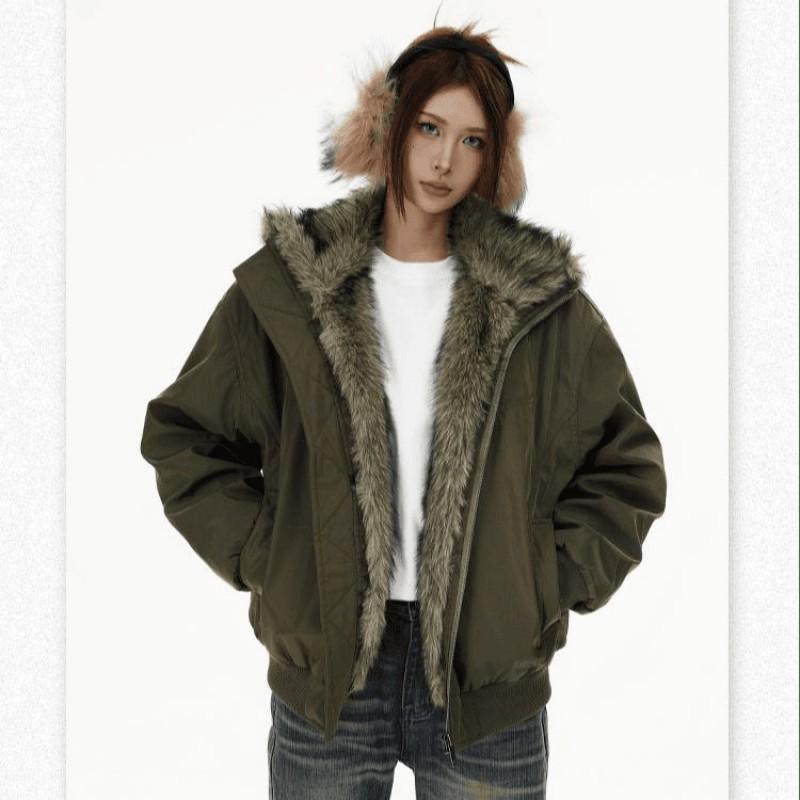 Men Women Winter Hooded Cotton Padded Jacket Thick Warm Coat With Faux Fur Collar Loose Fit Daily Wear