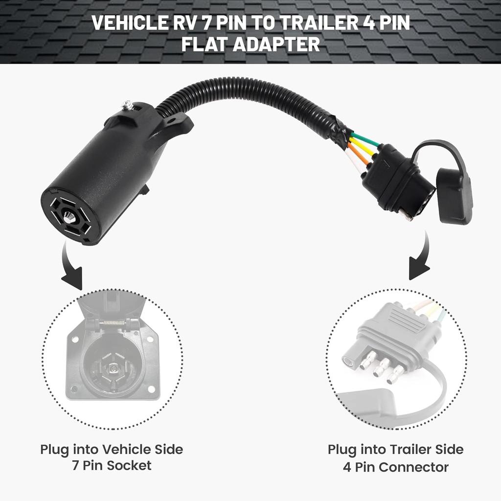 Oyviny 7 Way To 4 Way Trailer Plug Adapter, RV Blade 7 Pin Round To 4 Pin Flat Trailer Light Adapter 11.6 Inches