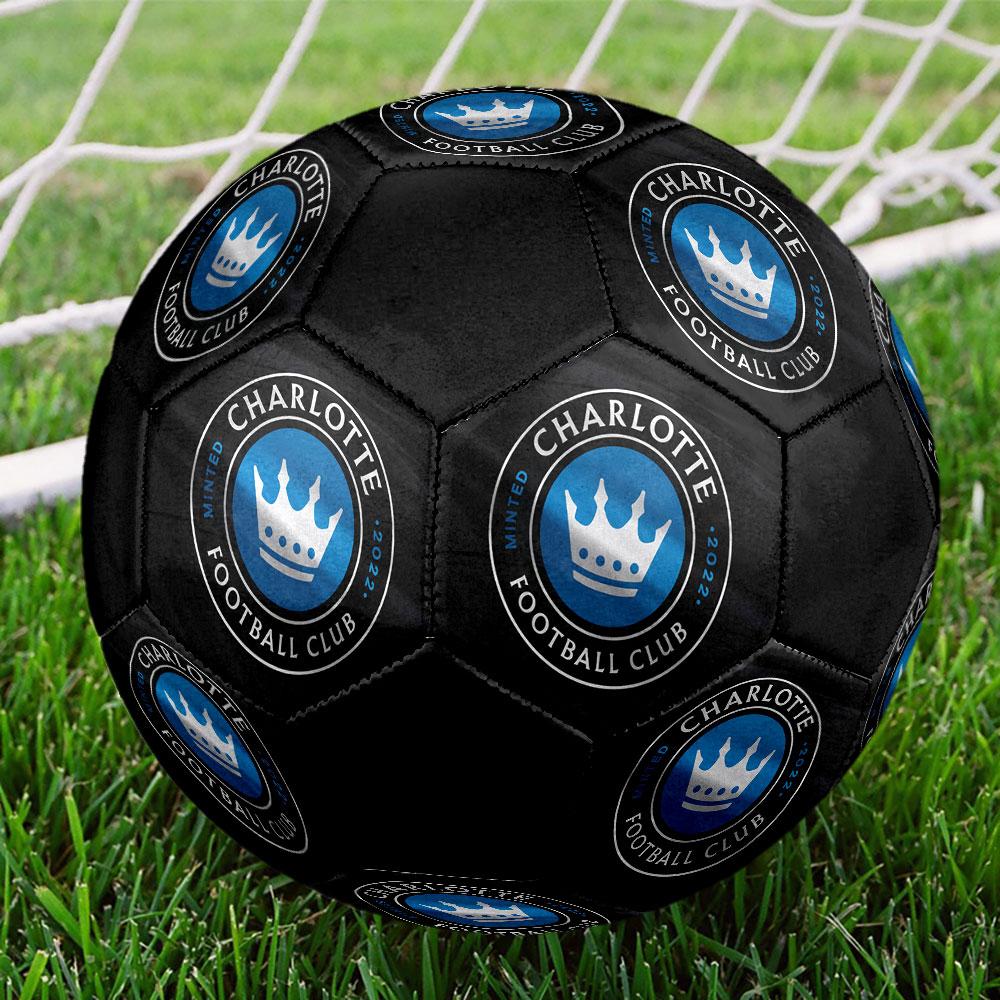Charlotte FC Size 5 Soccer Ball, Machine-Stitched PVC, Durable & High Bounce, All Ages Fit, fan merchandise, matches & outdoor use.