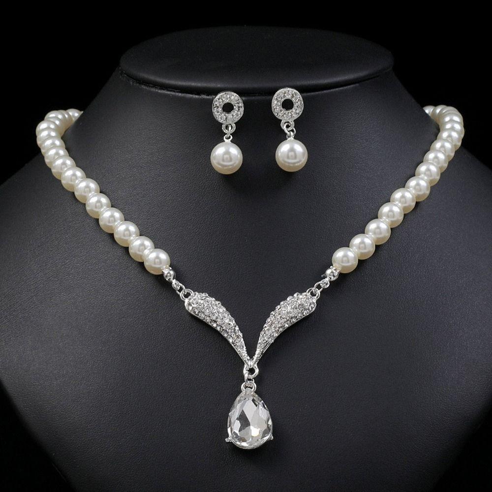 Korean Style Water Drop Earrings Dangle Earrings Women Necklace Bridal Wedding Jewelry Set