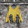 Женский комплект из 2 предметов Деним Вязаный Пэчворк Бахрома Свитер Брюки-шаровары Уличный стиль
