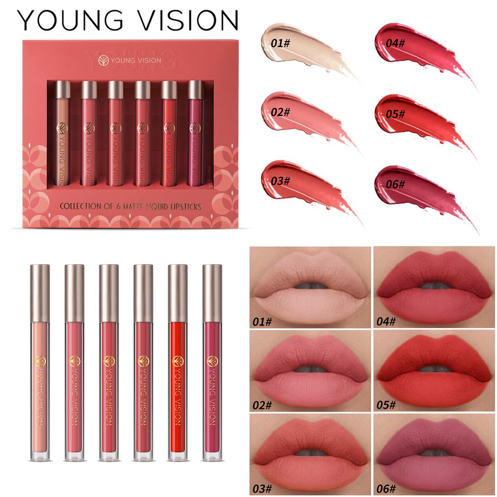 YOUNG VISION Подарочный набор из 6 жидких помад Matte Mist Top Блеск для губ в антипригарном стаканчике