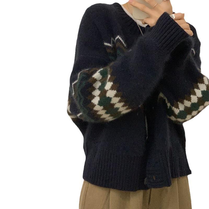 Ретро японский ленивый стиль женский вязаный жаккардовый свитер кардиган