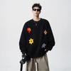 Flower printing heavy crew neck sweater brand autumn and winter loose casual ruffian handsome black clothes