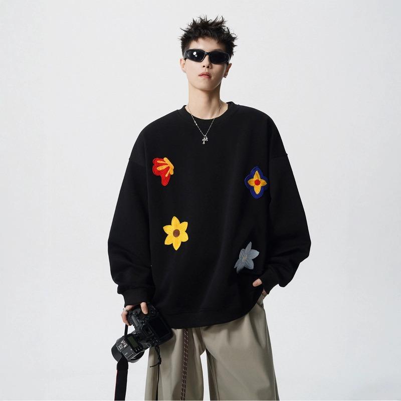 Flower printing heavy crew neck sweater brand autumn and winter loose casual ruffian handsome black clothes