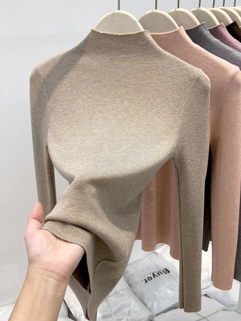 Белый базовый трикотажный свитер с полувысоким воротником женский осенне-зимний приталенный и тонкий внутренний с длинными рукавами мягкий восковой свитер модный топ