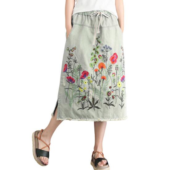 Женская юбка миди с эластичной резинкой на талии и вышитым цветочным узором. Джинсовая юбка с