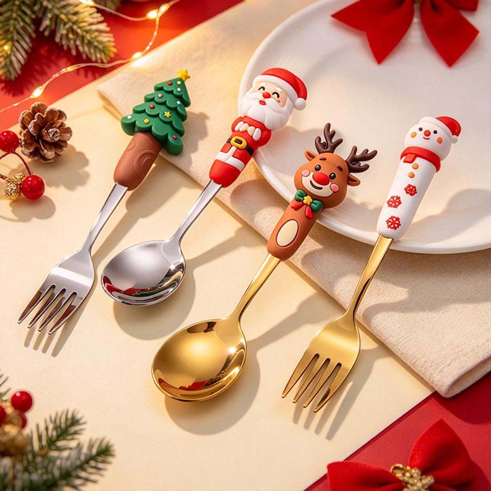 2Pcs Christmas Fork And Spoon Set,Stainless Steel Creative Tableware,Coffee Tea Dessert Forks And Spoons Gift Set