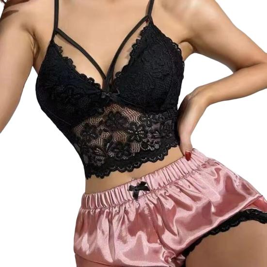 2 шт./компл. Женский пижамный комплект с кружевом, V-образным вырезом, открытой спиной, без рукавов, укороченный топ, шорты с высокой талией из сатина, для дома