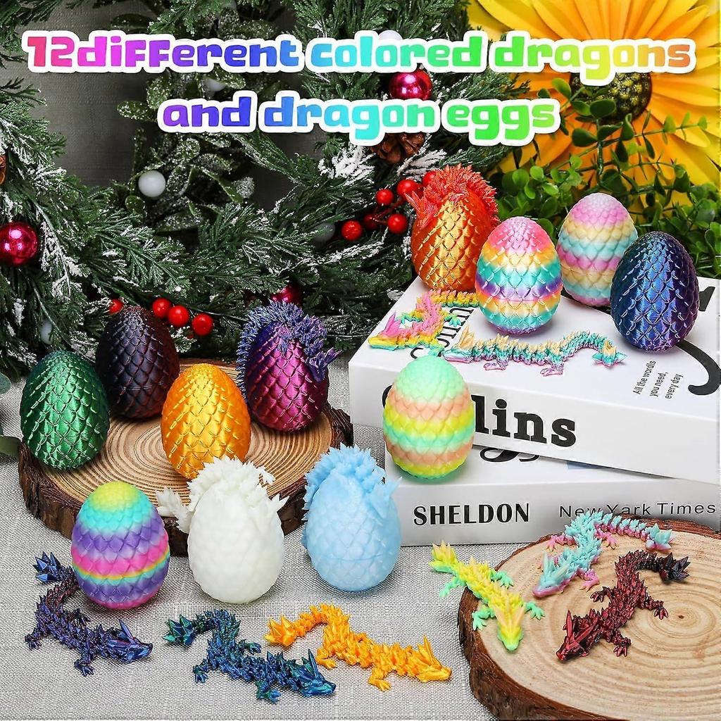 12 Pcs 3D Printed Dragon Easter Basket Stuffers Essentials,Mini Dinosaur Easter Egg Fillers Set Articulated Crystal Dragon Fidget Toys for Kids Christ