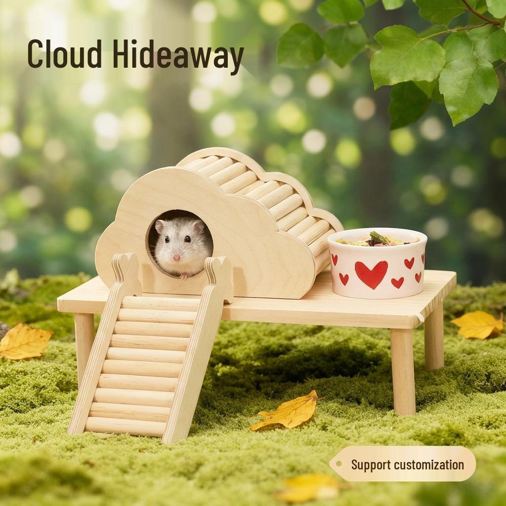 Four-Season Breathable Wooden Hamster House with Climbing Frame and Triangular Roof