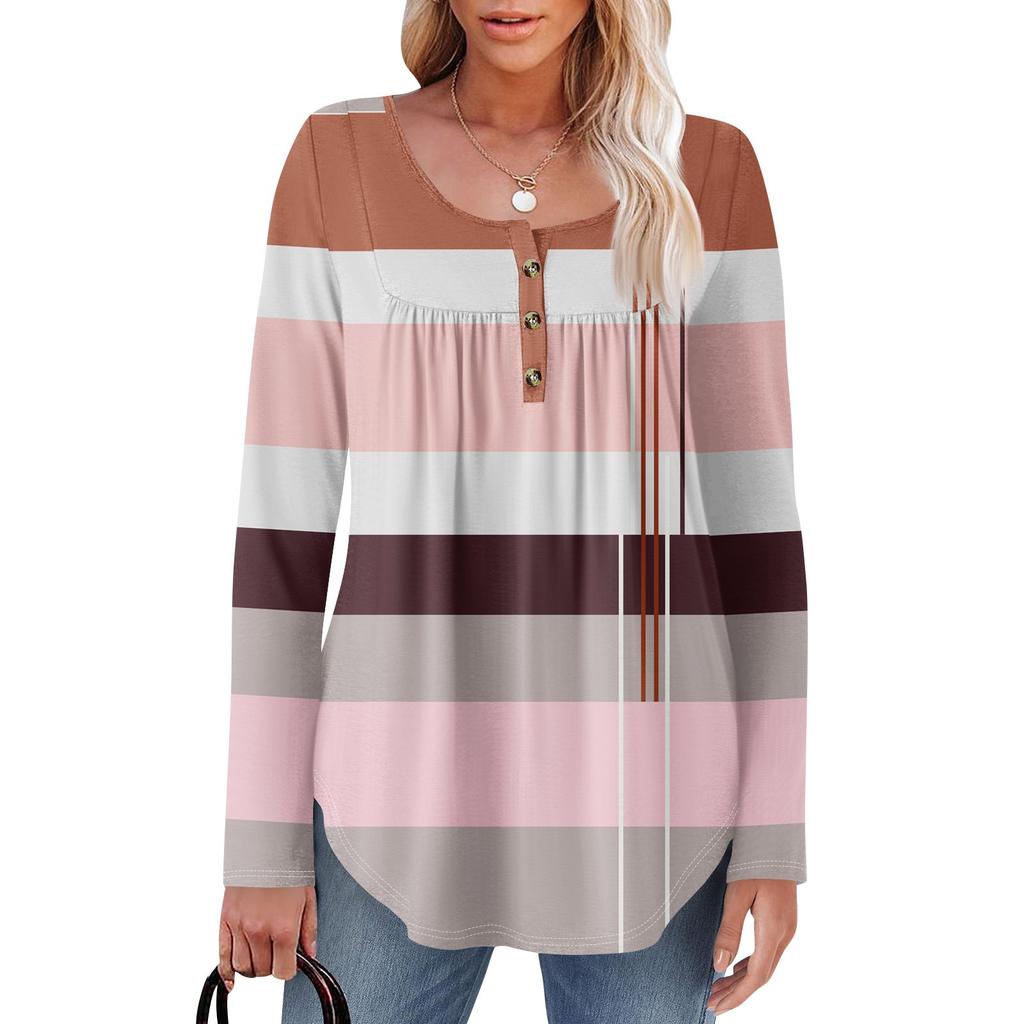 Женская туника с длинным рукавом, свободные топы, повседневные топы оверсайз, плиссированная туника, застегивающаяся на пуговицы, повседневные женские топы с принтом