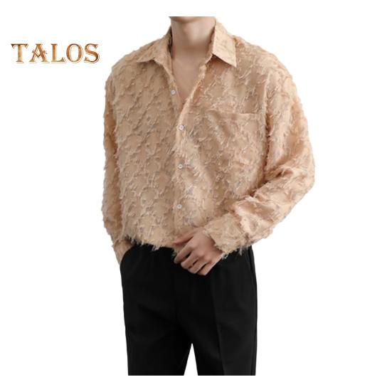 Мужская рубашка с нагрудным карманом и кисточками, отложным воротником, однобортная, с длинными рукавами, однотонная, для праздничной рождественской вечеринки, клубный топ