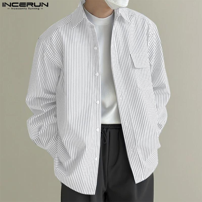 INCERUN Spring Summer Men Lapel Long Sleeve Striped Print Shirts Oversized Tops
