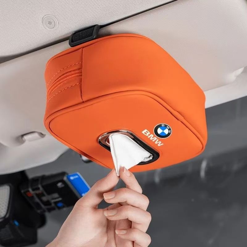 BMW Car Headrest Tissue Box, Premium PU Leather Hanging Napkin Holder, Universal Auto Seat Back Tissue Case,Car Interior Accessories