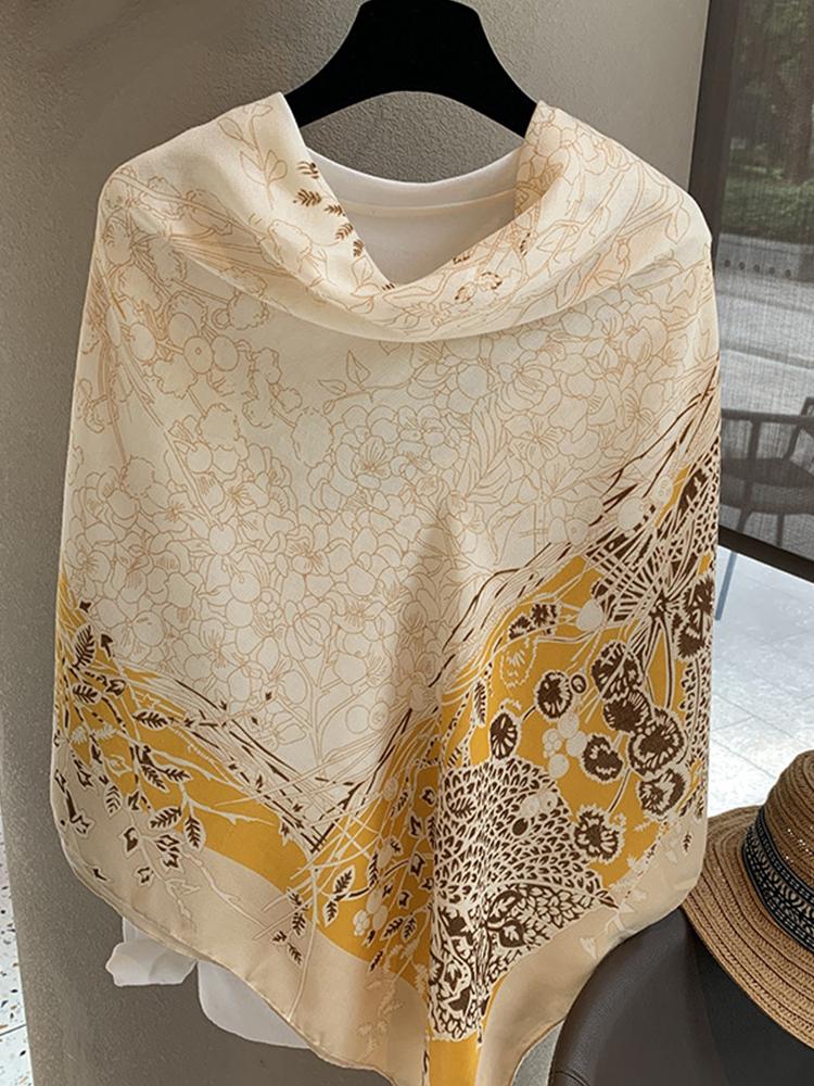 Elegant Women Silk Scarf Wrap Shawl Yellow Floral Print Sunscreen Bandanas Hijab Mujer Scarve Pareo Headscarf Travel Fashion New