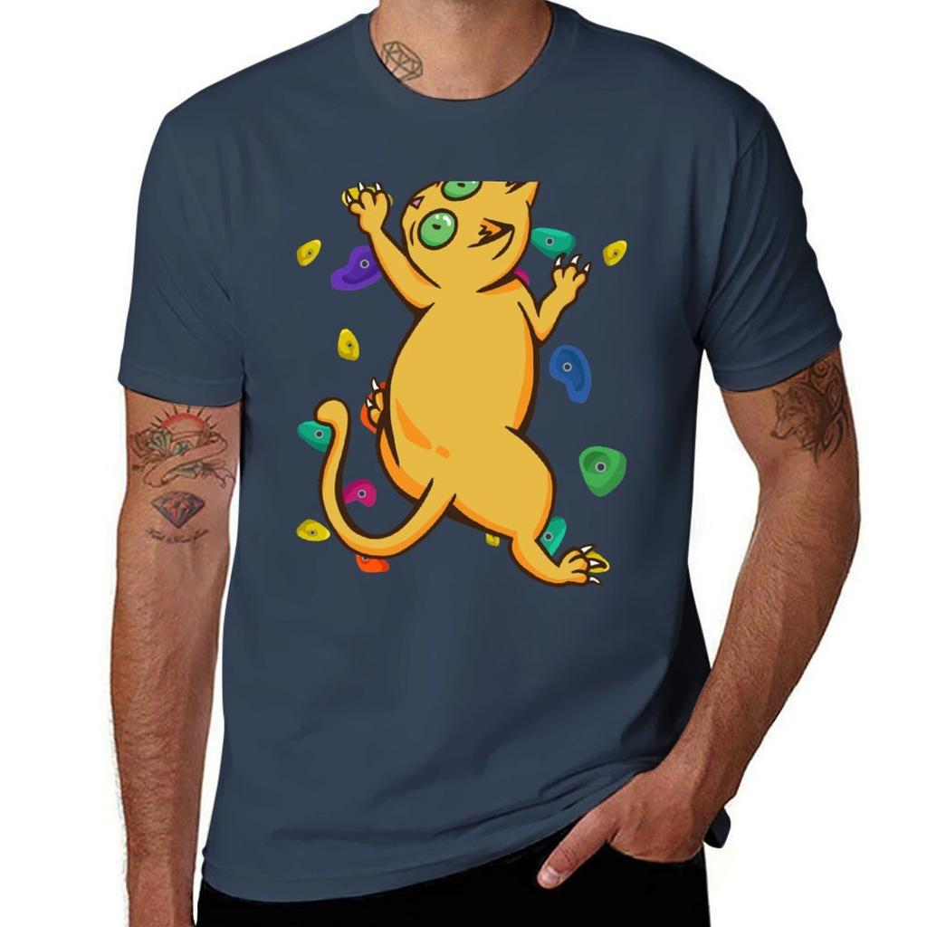 Funny Wall Climbing Cat With Colourful Shapes Tshirt Casual Everyday Short Sleeve Tshirt