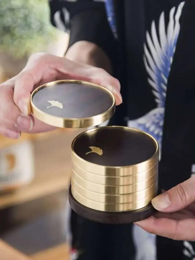 Pure Copper Teacup Holder Blackwood Coaster Household Kung Fu Tea Set Tea Ceremony Utensils Heat Insulation Tea Mat 6 Pieces