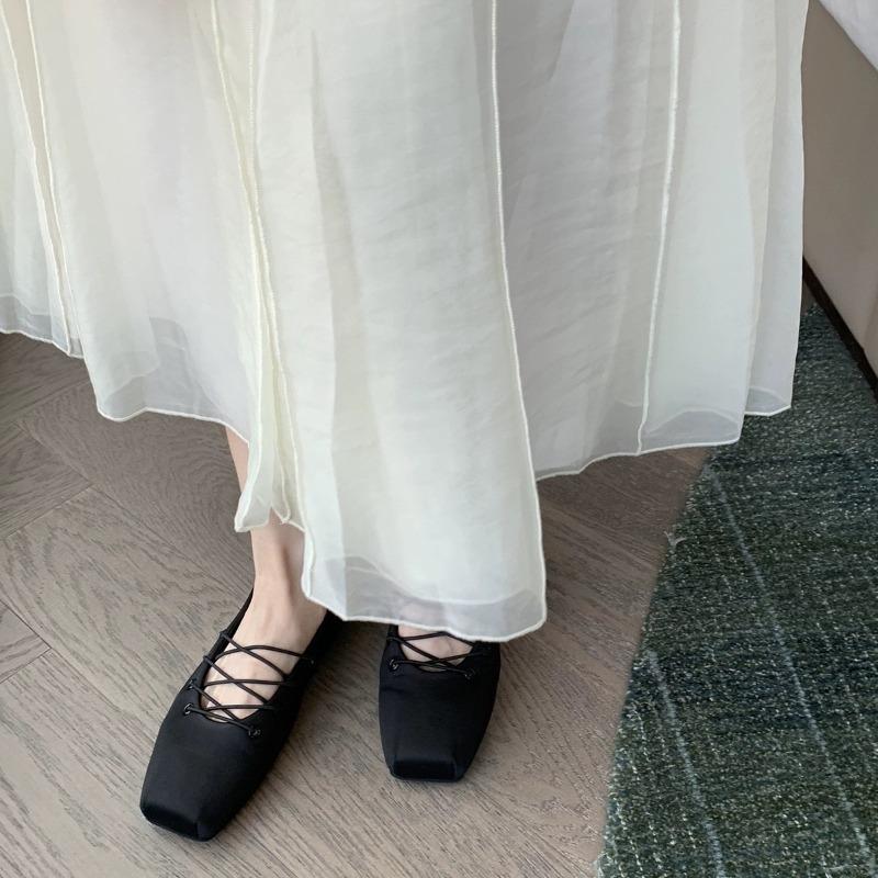 ~ Extravagant Satin Temperament Square Head Cross Strap Ballet Shoes Women Wear Flat Heels Light Mouth Single Shoes