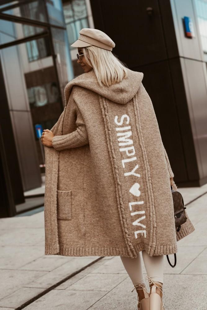 Winter Mid Length Letter Knitted Cardigan With Long Sleeves And Loose Pockets, Knitted Sweater