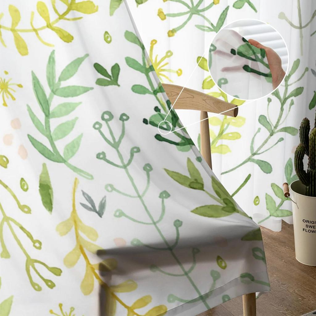 Wreath Green Watercolor Flower Tulle Curtains for Living Room Kitchen Bedroom Sheer Tulle for Cafe Hotel Modern Home Decor