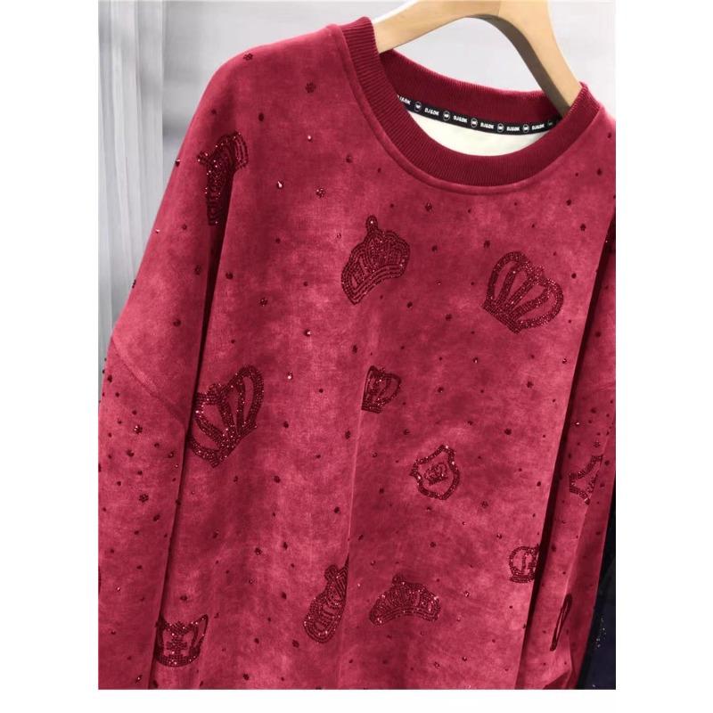 Горячая дрель Толстовка женская плюс размер подбитый утолщенный круглый вырез светлый роскошный корона длинный рукав топ