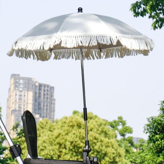 Stroller Umbrella with Tassels Clamp UPF 50+ Sun Protection Adjustable Rotary Waterproof Windproof Outdoor UV Blocking Pram Umbrella Parasol