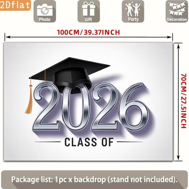 2D Class of 2026 Graduation Photography Backdrop Silver Metallic Number & Cap Party Background