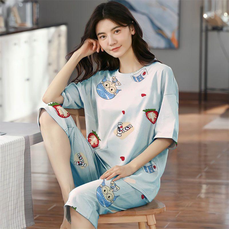 Летние капри в клетку женские пижамы для сна с короткими рукавами пижамные комплекты с рисунком пижамы из полиэстера 3XL 5XL домашняя мода