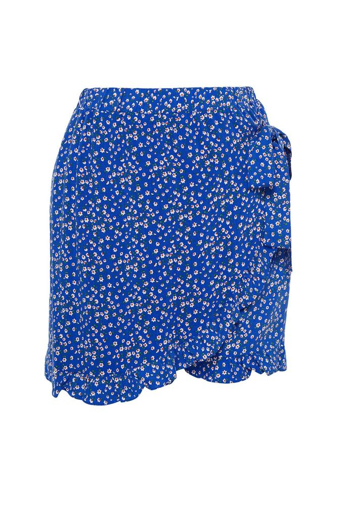Women's Style Plus Size Navy Blue Floral Patterned Woven Tied Shorts Skirt