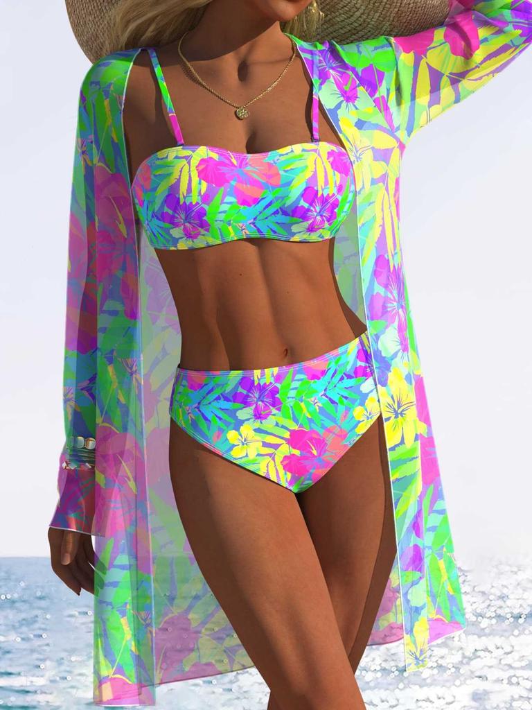 1011 New European and American style sexy babes lace-up printed bikini beach set three-piece set