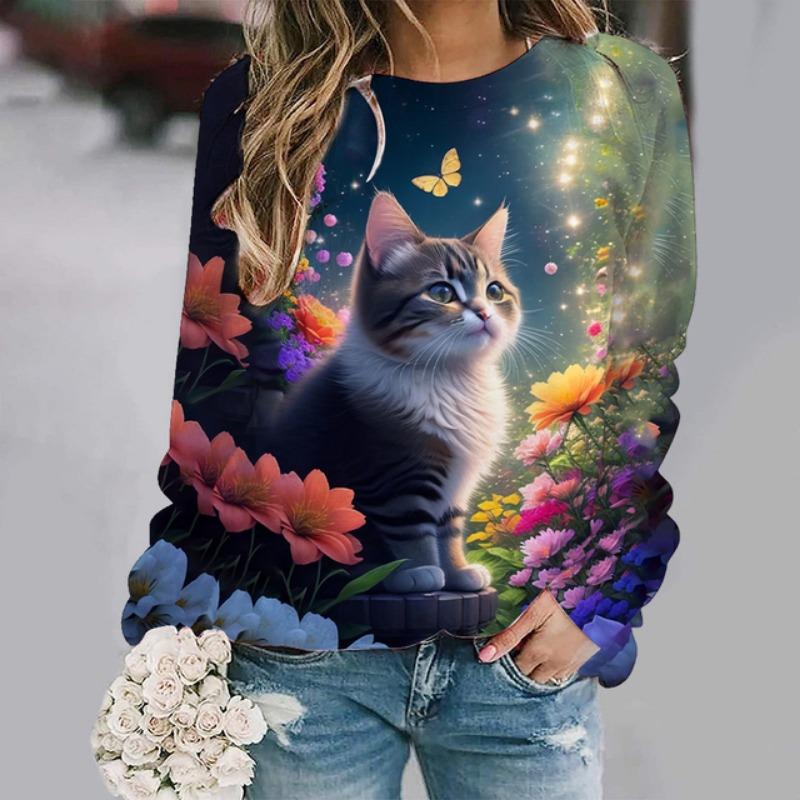 Милые кошачьи цветочные толстовки с 3D-принтом и животными, женские повседневные толстовки с длинным рукавом, уличная одежда Y2k, пуловеры, верхняя женская одежда